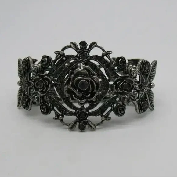 Gunmetal Gray Rose Filigree Stretch Cuff Vintage 80's Bracelet - Picture 1 of 6